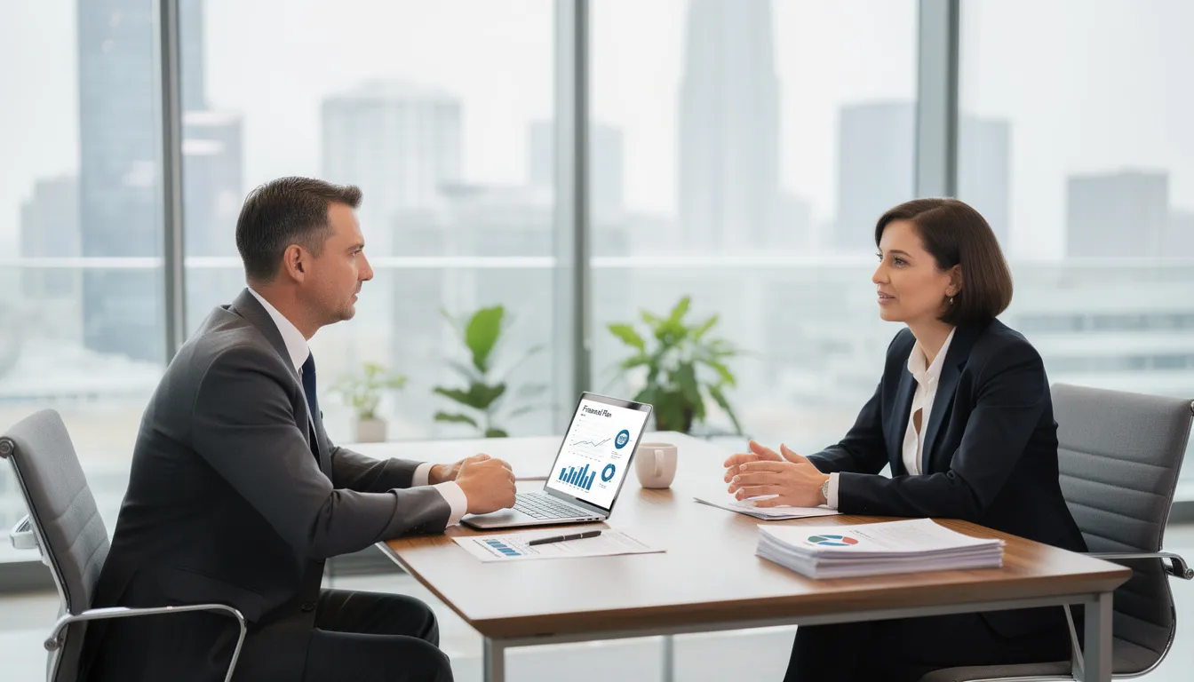 A professional financial advisor is meeting with a client in a modern office, discussing strategies for retirement income planning, including retirement savings, investment strategies, and how to manage healthcare costs in retirement. The advisor is helping the client make informed decisions about their retirement journey and future financial goals.