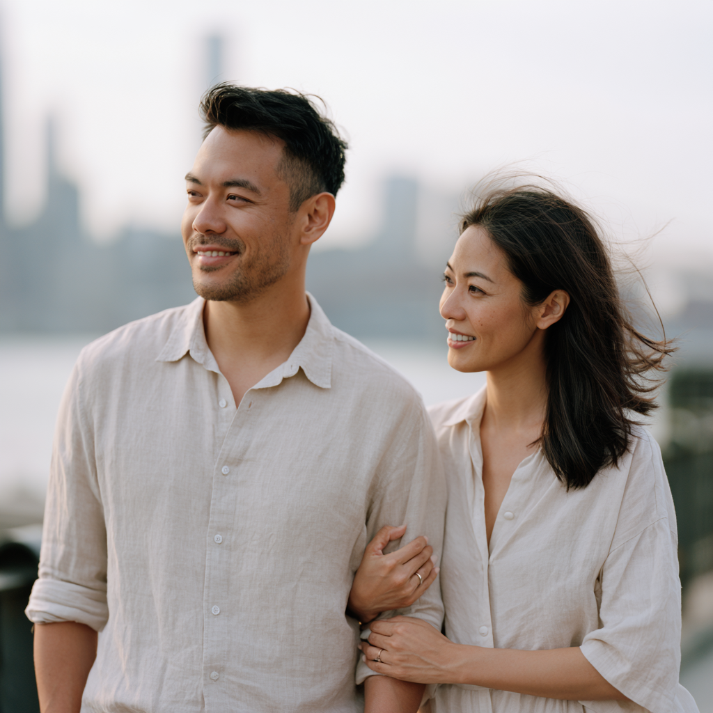 Asian couple walking a quiet Brooklyn street, leaning toward each other in conversation.