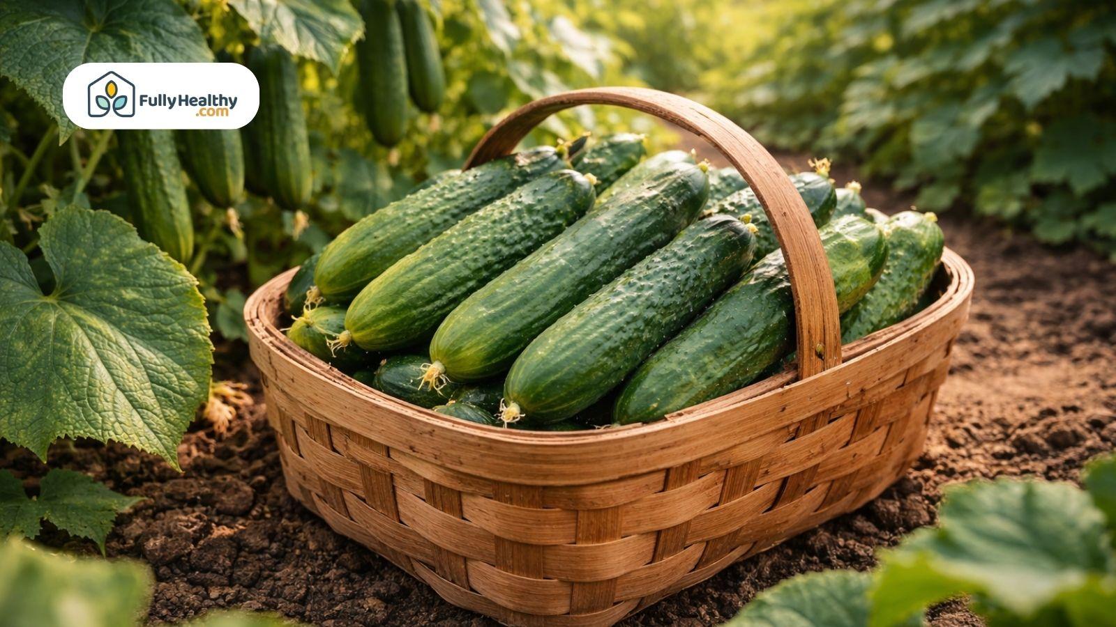 Basket filled with freshly harvested cucumbers in home garden soil bed