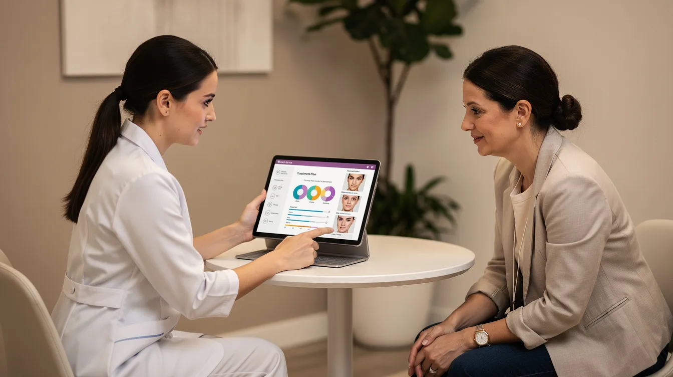 In a modern medspa consultation room, a clinician sits across from a patient, reviewing a treatment plan on a tablet. The plan focuses on non-invasive fat reduction techniques aimed at eliminating stubborn fat cells and achieving the desired body contouring results.