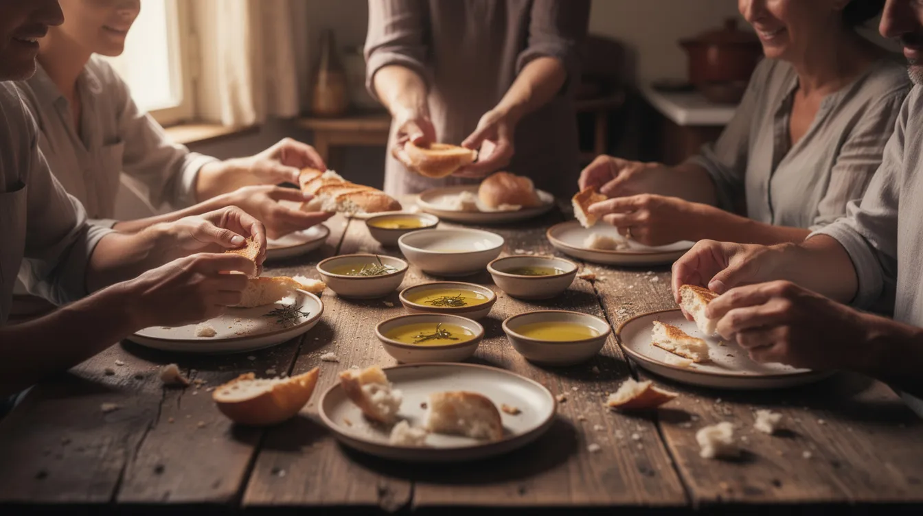 The image depicts a group of people gathered around a rustic wooden table, sharing a simple meal of bread and olive oil, symbolizing the act of "breaking bread" together. This scene reflects the deeper significance of bread in the Bible as a representation of spiritual food and the "bread of life" that Jesus spoke about, fostering a sense of community and connection among those present.