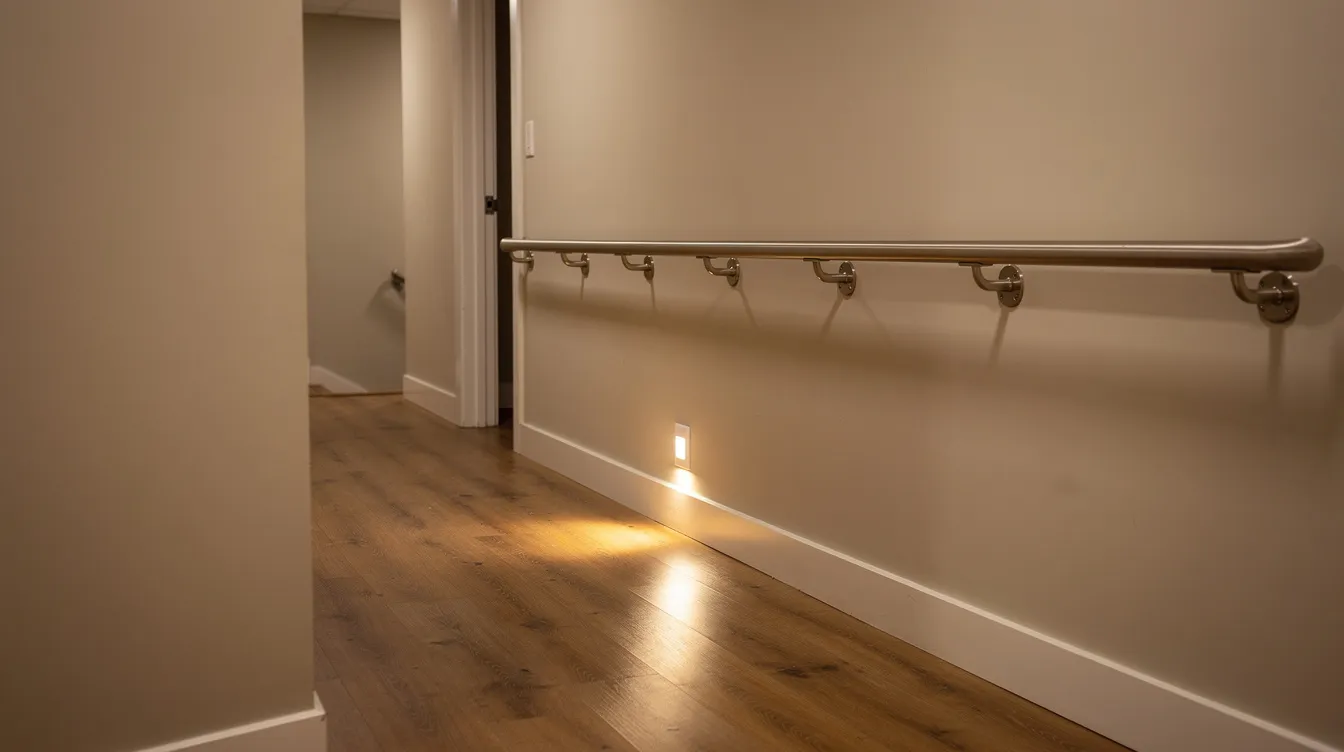 The image depicts a well-lit hallway in a home designed for seniors, featuring grab bars installed along the wall for safety and a nightlight near the floor to aid visibility. This thoughtful design contributes to the well-being and independence of residents, making everyday life easier and safer as they transition from a skilled nursing facility or hospital stay to their own home.