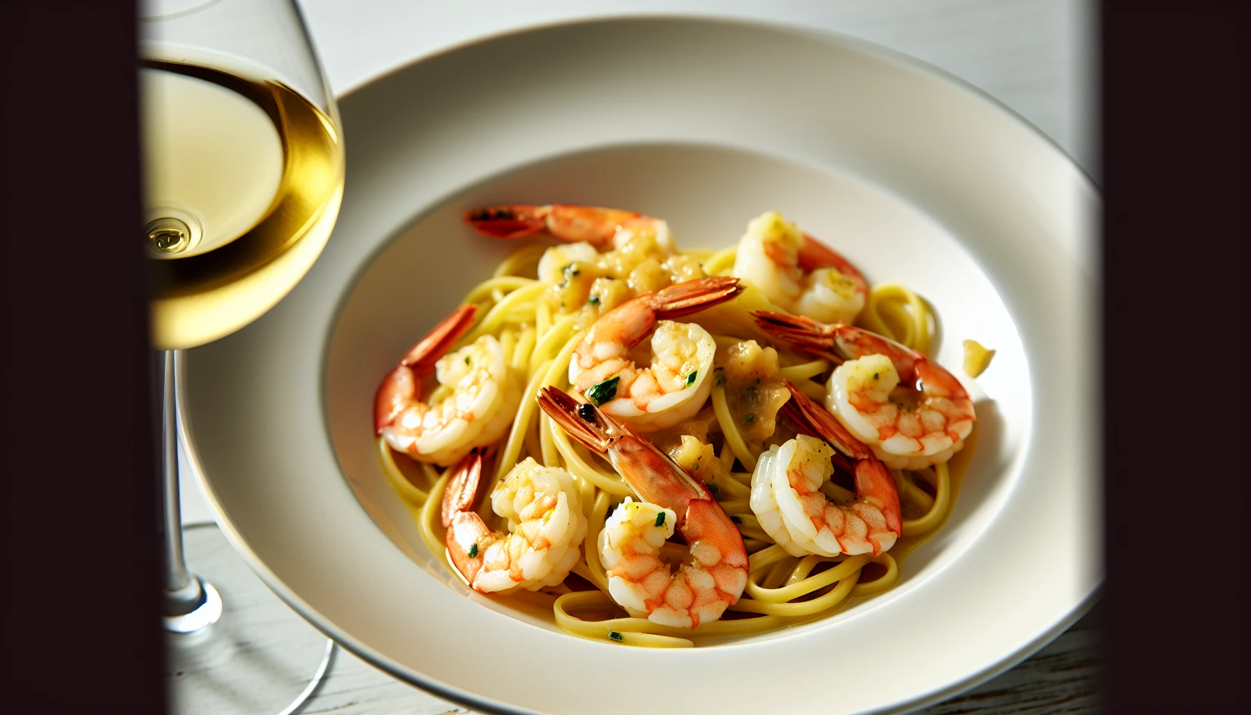 A plate of delicious shrimp scampi with pasta and a glass of white wine