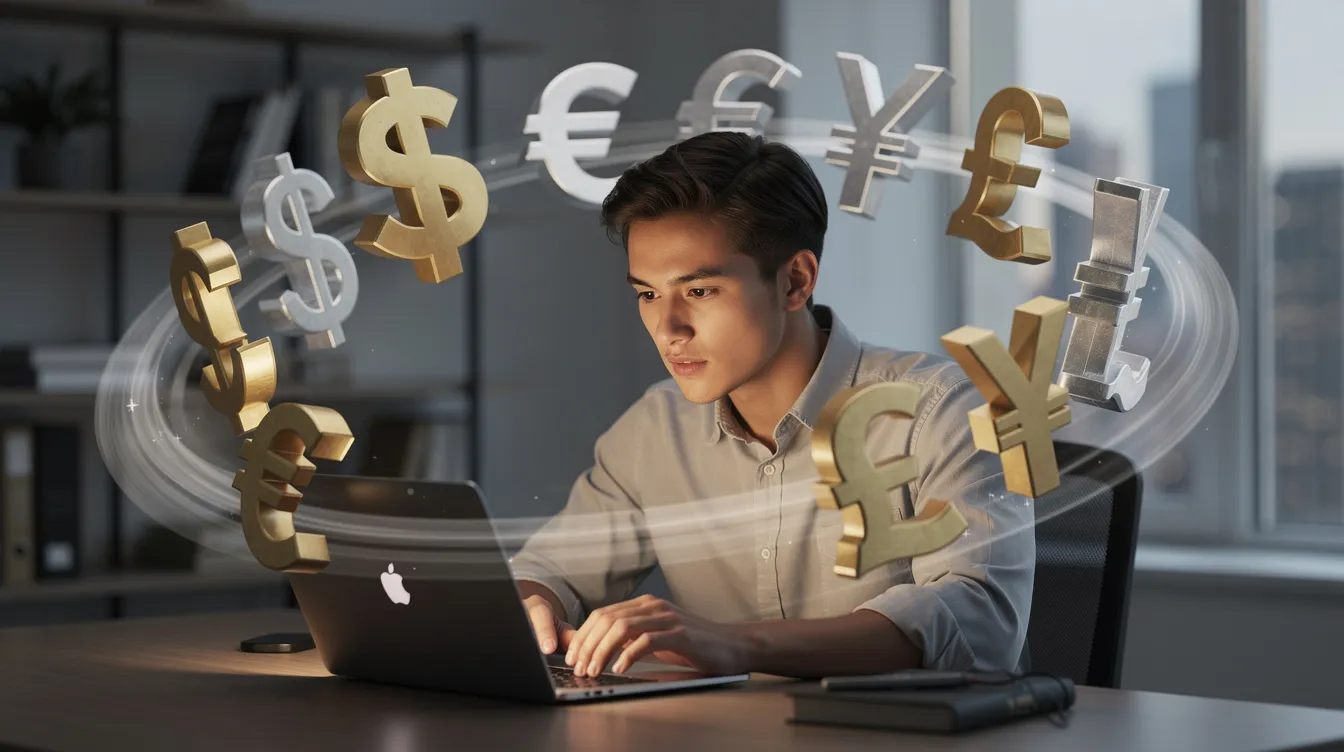 The image depicts a person intently using a laptop, surrounded by floating currency symbols from various countries, symbolizing the complexities of global payroll and international payments. This scene highlights the importance of compliance support and effective management for businesses handling overseas payments and a global workforce.