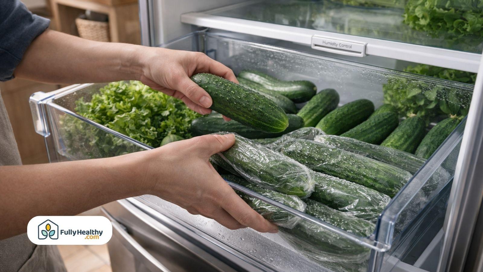 Hands placing wrapped cucumbers inside refrigerator crisper drawer with lettuce