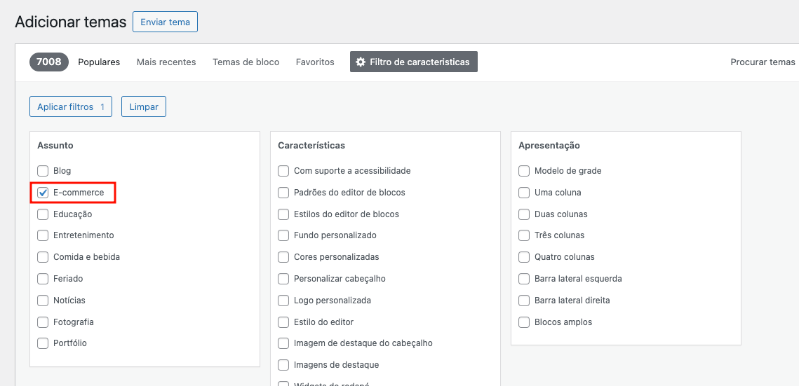 Filtros de tema WordPress, destacando o filtro de E-commerce