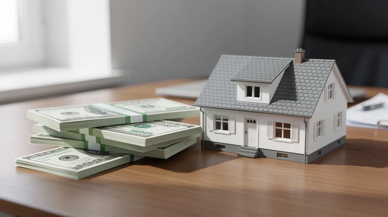 The image shows a stack of hundred dollar bills placed next to a small model house on a desk, symbolizing the financial aspects of real estate investment and the potential for hard money loans. This scene reflects the interests of real estate investors looking for flexible financing options in California's competitive market.