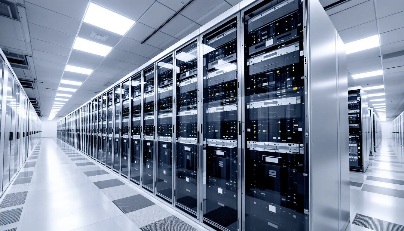 In the image, a modern data center is depicted with multiple server racks, showcasing a distributed computing infrastructure that supports data virtualization and access to various data sources. The environment is designed for query execution and data curation, enabling developers and analysts to connect to both structured and unstructured data sources efficiently.