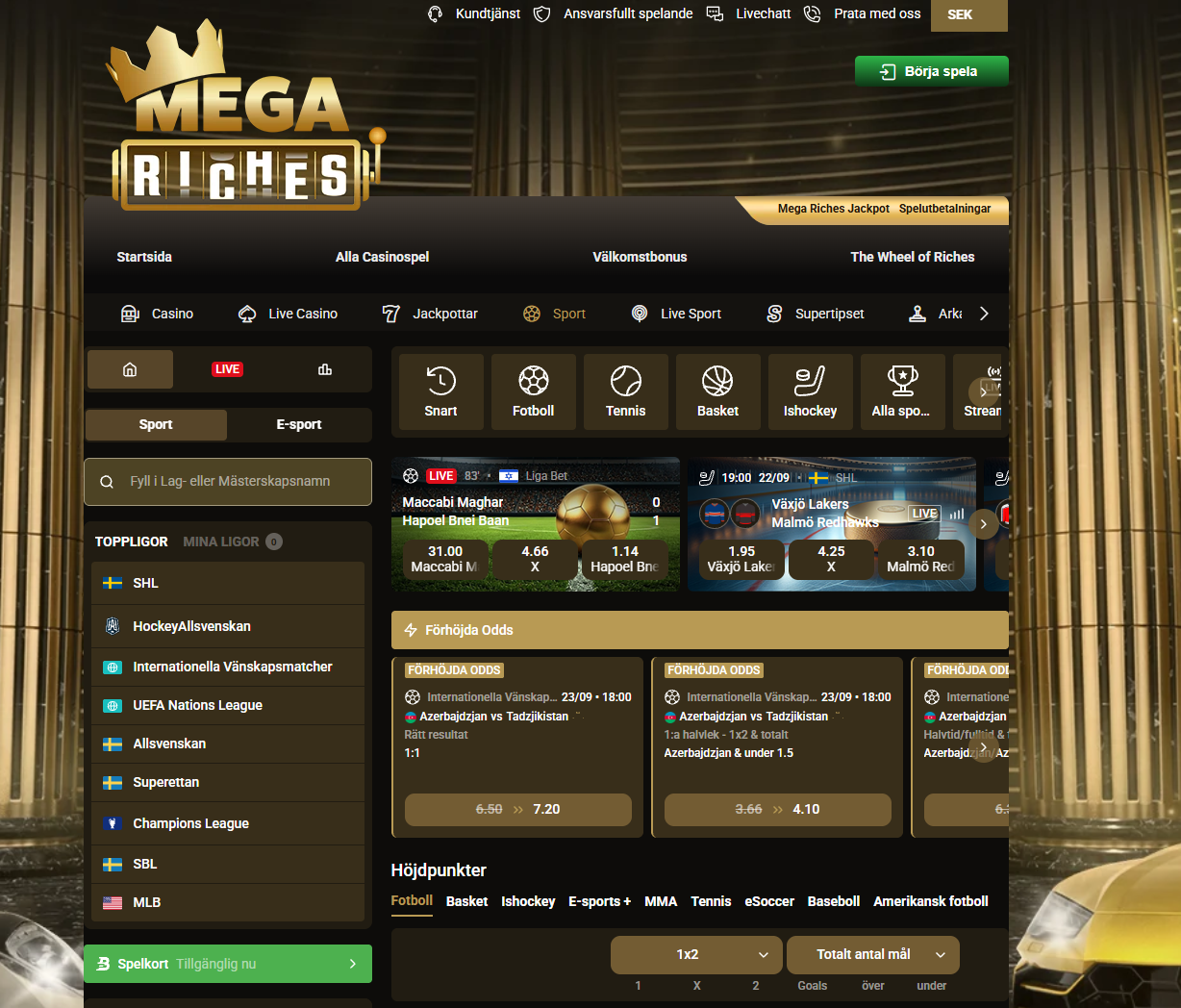 Betting och odds hos Mega Riches.