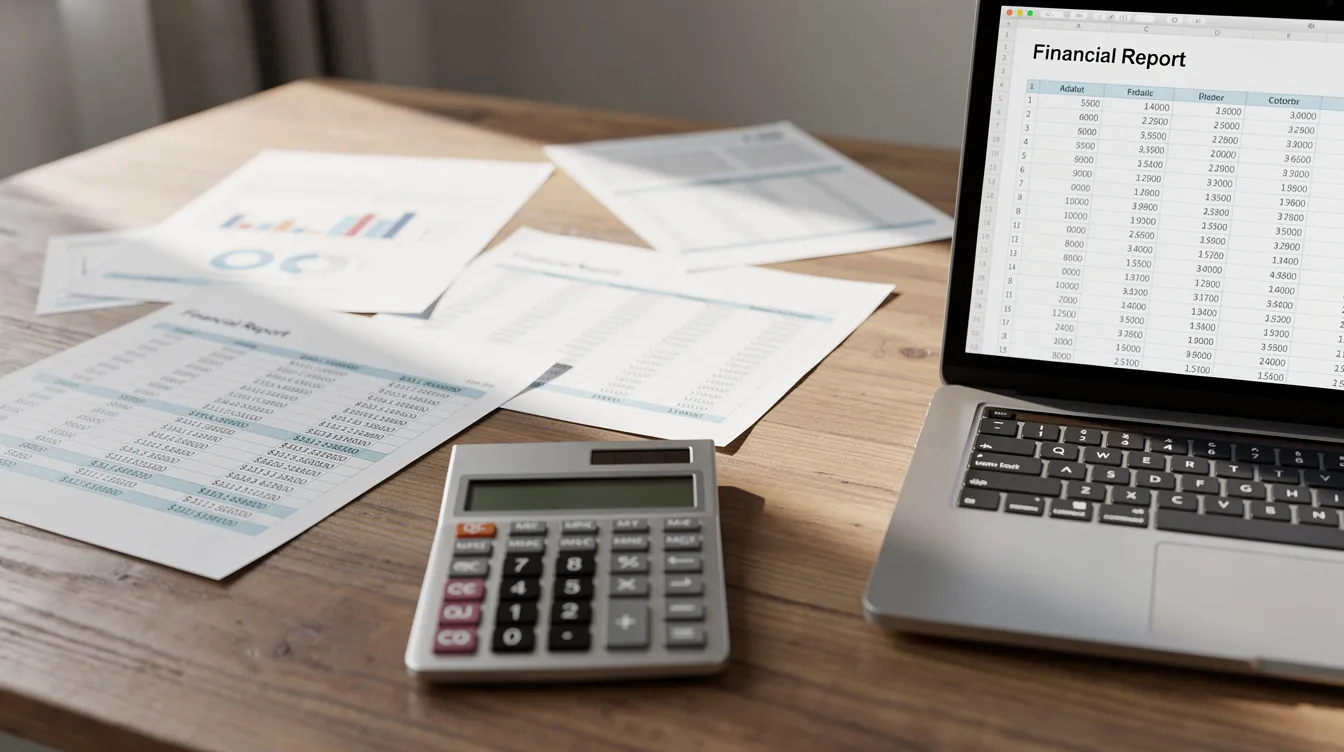 15349eac 023d 4b49 9991 3ee3e8998ef3 The image shows a wooden desk with financial documents, a calculator, and a laptop neatly arranged, suggesting a workspace for managing important information and calculations. This setup may be commonly found in India, where individuals often seek advised solutions for their financial cases.