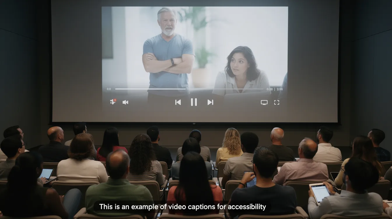 The image features a video player interface displaying captions at the bottom of the screen, with a diverse audience engaged in watching the content. This setup highlights the importance of video transcription and creating subtitles for accessibility, allowing users to enjoy video content in multiple languages.