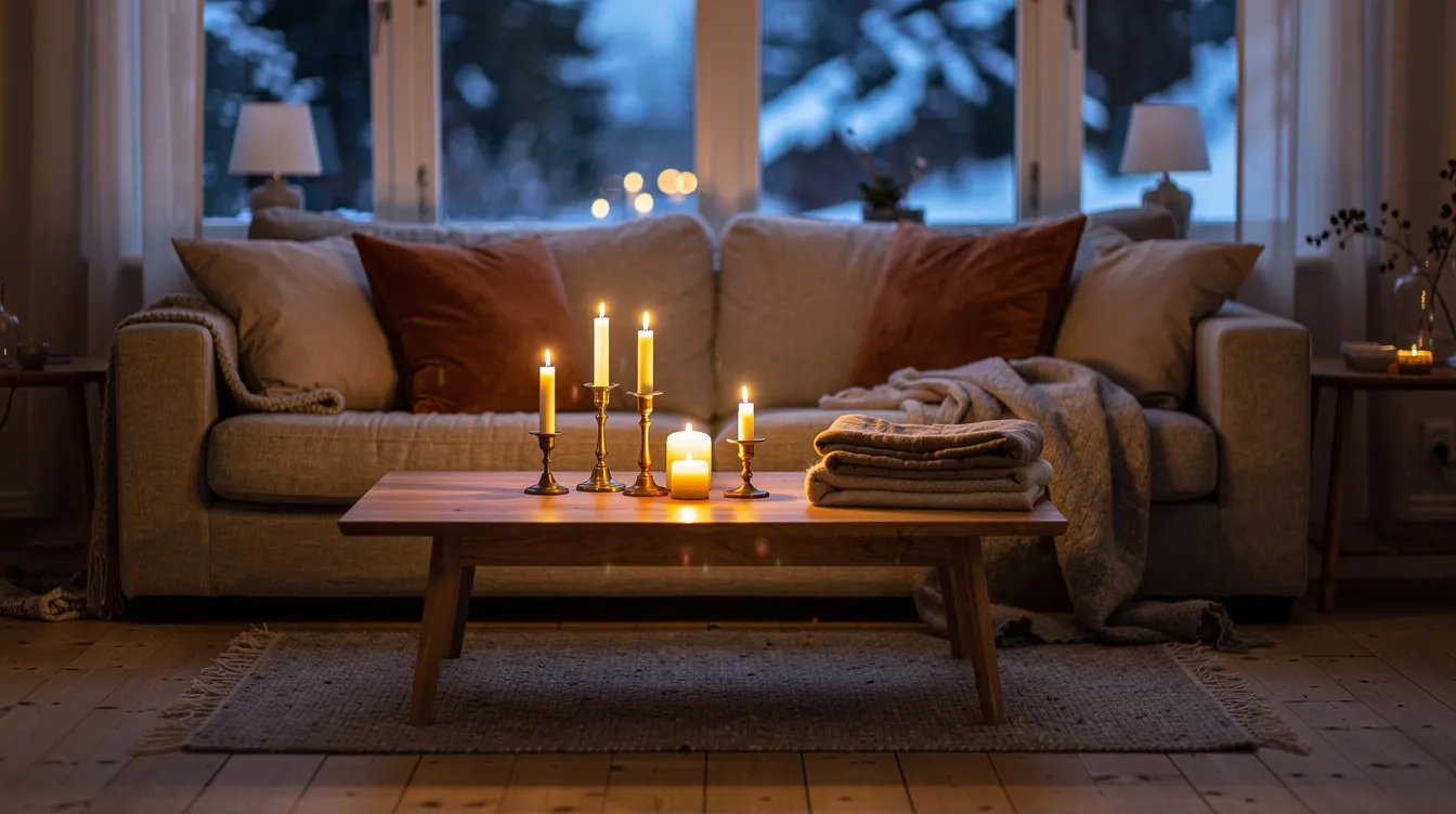 Ett mysigt vardagsrum i vinterskymning med flera ljusstakar i olika höjder på ett soffbord, vilket skapar en inbjudande atmosfär. Soffan är prydd med kuddar och filtar, vilket bidrar till den varma stämningen i hemmet.