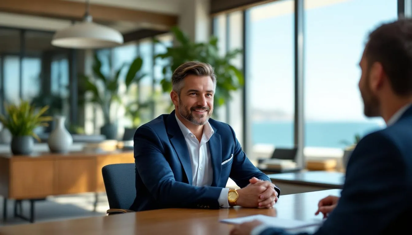 An upscale estate planning attorney in Carlsbad, California, offers comprehensive services in a collaborative setting, focusing on creating personalized estate plans to protect clients' assets and ensure a lasting legacy for their families. The image captures a professional atmosphere where clients can discuss their estate planning goals and strategies with the attorney.
