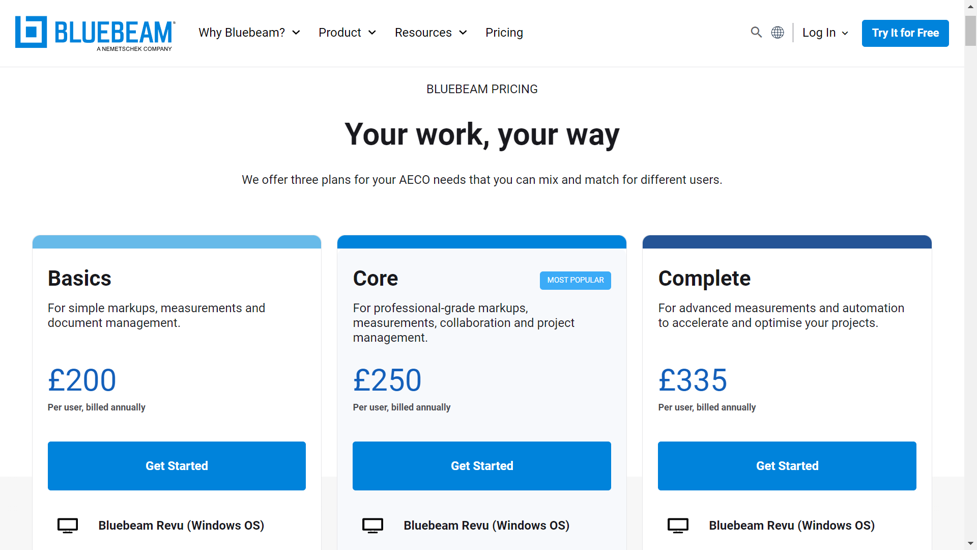 Bluebeam's Pricing Page 