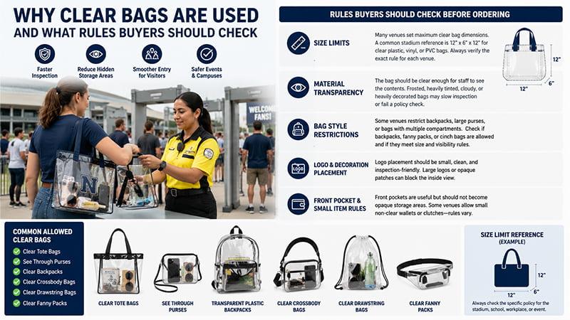 Clear bag rules guide showing event entry checks, size limits, transparency, bag style restrictions, and common allowed clear bag types.