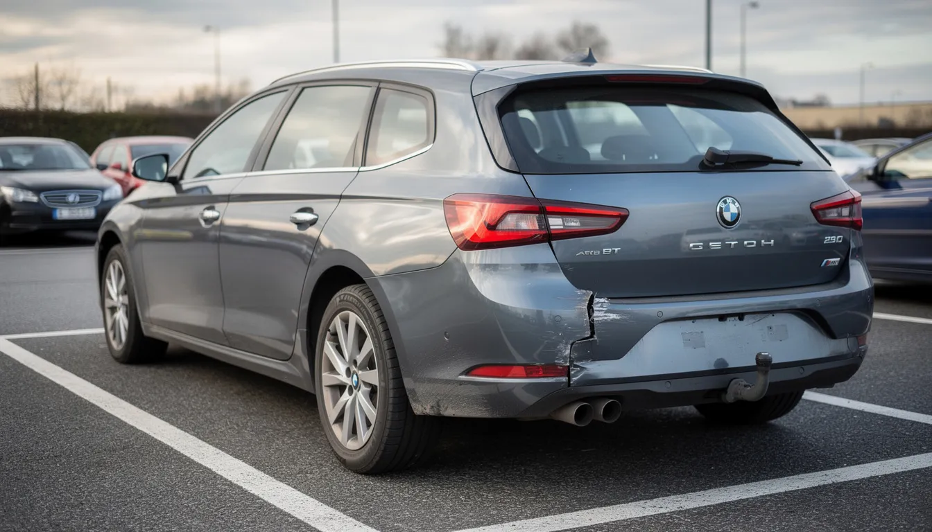 Une voiture de location est garée sur un parking, affichant un pare-chocs arrière légèrement endommagé, suggérant un cas de dommages potentiels. Ce type de véhicule pourrait nécessiter une attention particulière en matière d'assurance, notamment l'assurance CDW pour couvrir les frais de réparation.