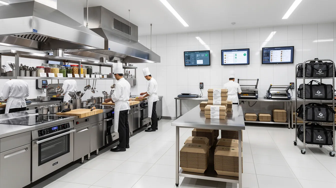 153afb68 a812 41bd a1c1 ac9d74ec7649 The image depicts a professional cloud kitchen setup featuring multiple cooking stations and a dedicated food packaging area, ideal for small businesses looking to capitalize on the growing demand for nutritious meals. This setup exemplifies a profitable business model that can cater to busy lifestyles and is well-suited for entrepreneurs in Chandigarh aiming to start a business with minimal investment.