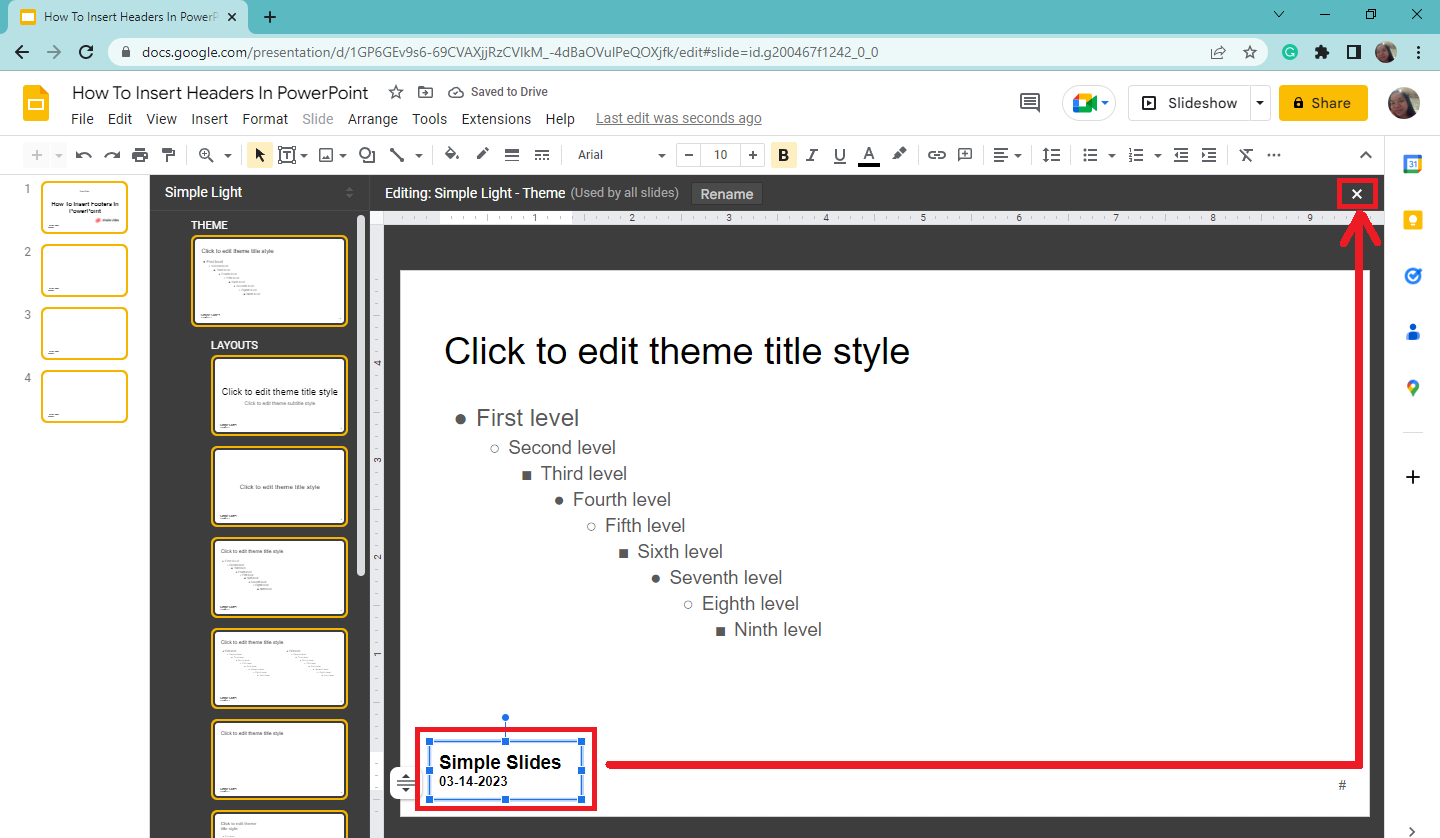 Start typing the info you want to appear as your footer in all the slides of Google Slides.