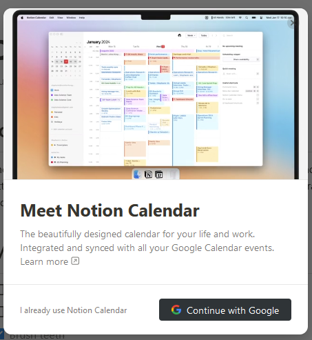 A screenshot of the "Meet Notion Calendar" screen.