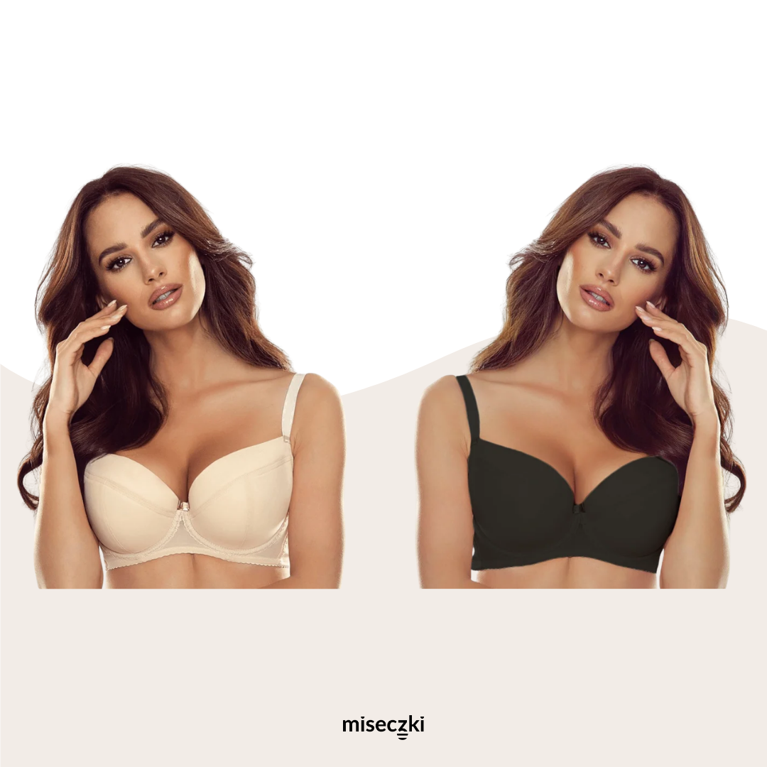 Model wearing Comexim Elena Padded Plunge Polish Bra for narrow root shapes