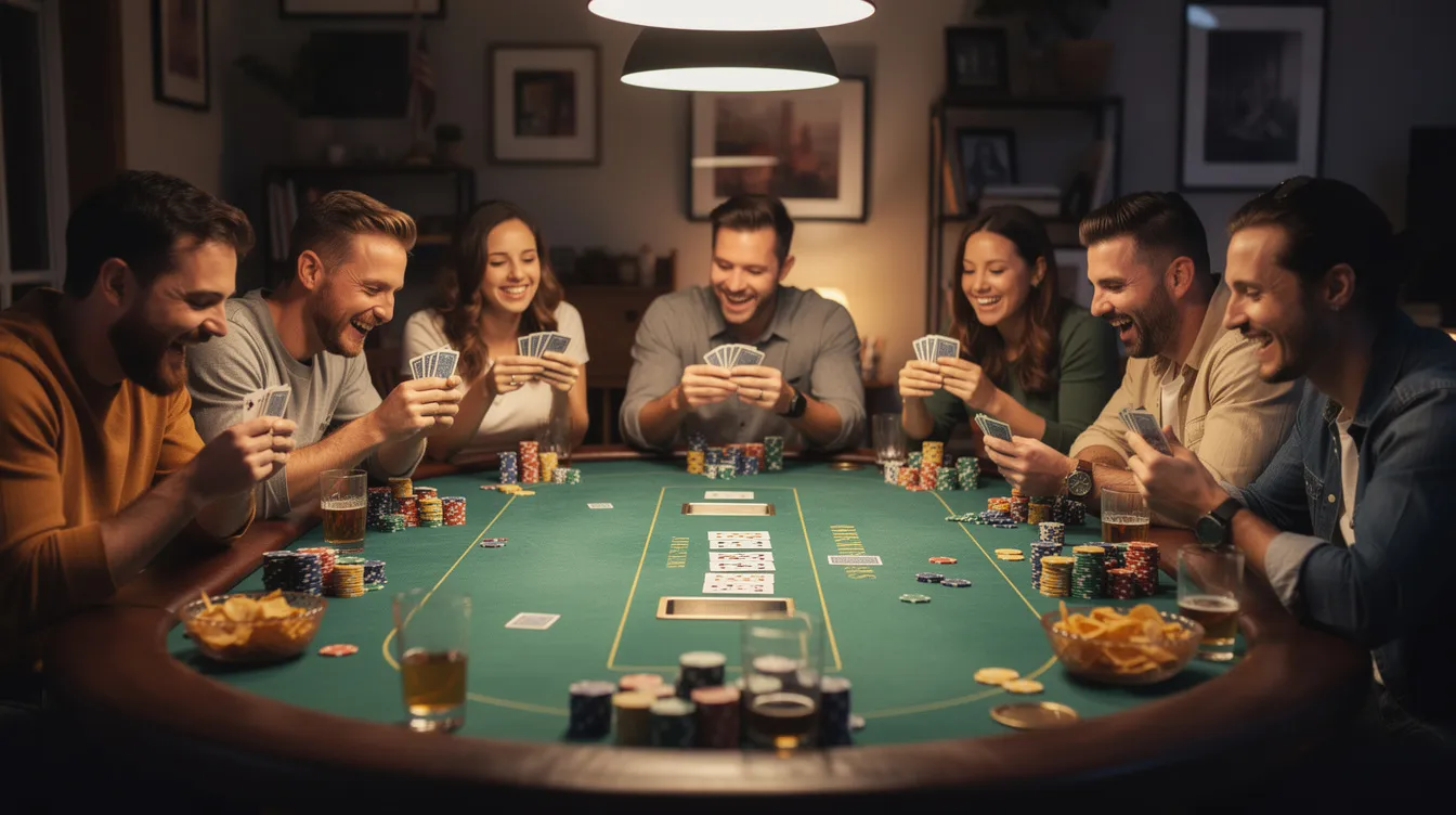 A group of friends is gathered around an oval poker table, engaged in a lively poker game with chips and playing cards in hand. The atmosphere is filled with excitement as serious players strategize their next moves, showcasing their poker skills and camaraderie.