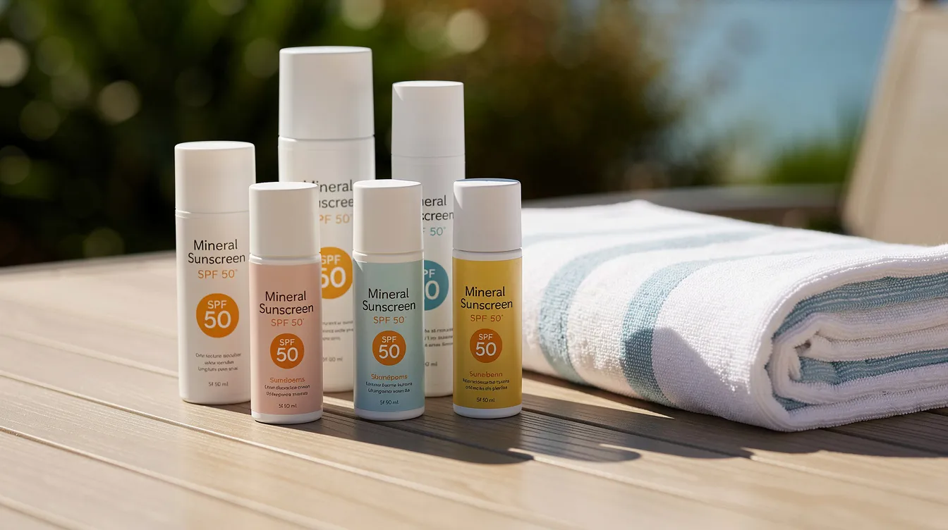 The image features several bottles of mineral sunscreen and a towel neatly arranged on a sunny outdoor table, emphasizing the importance of daily sunscreen in a skincare routine for young skin. This setup highlights the need for healthy skin care practices, especially for kids and tweens enjoying outdoor activities.