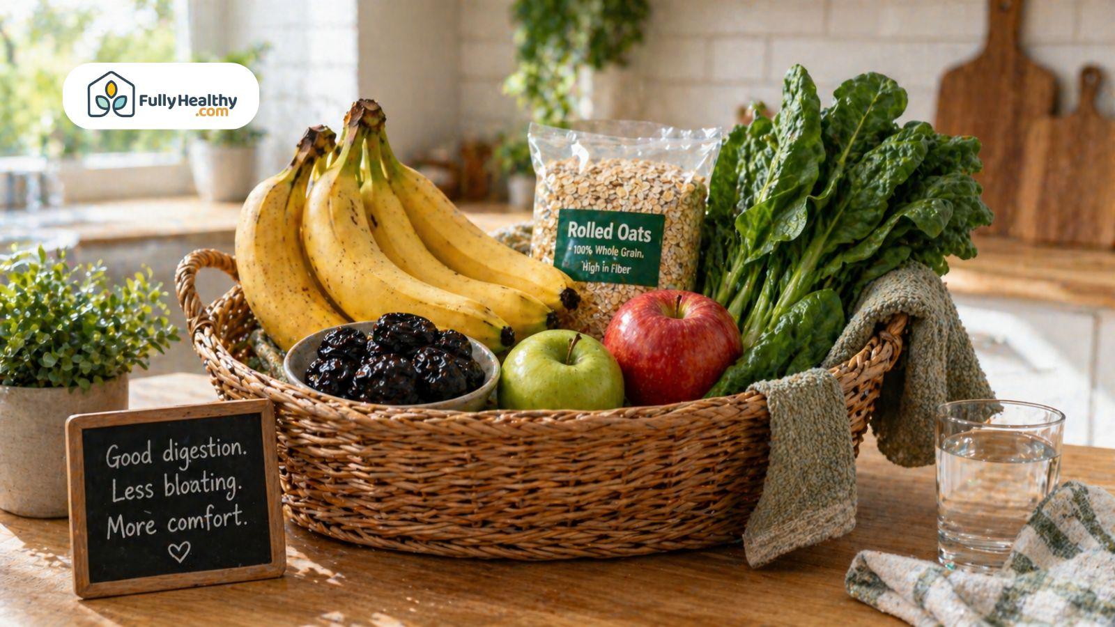 Basket with bananas prunes apples oats and leafy greens on table