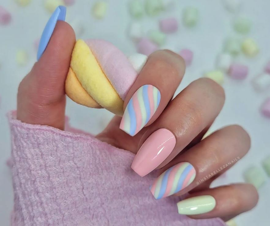 Rainbow nail art on ballerina nails 