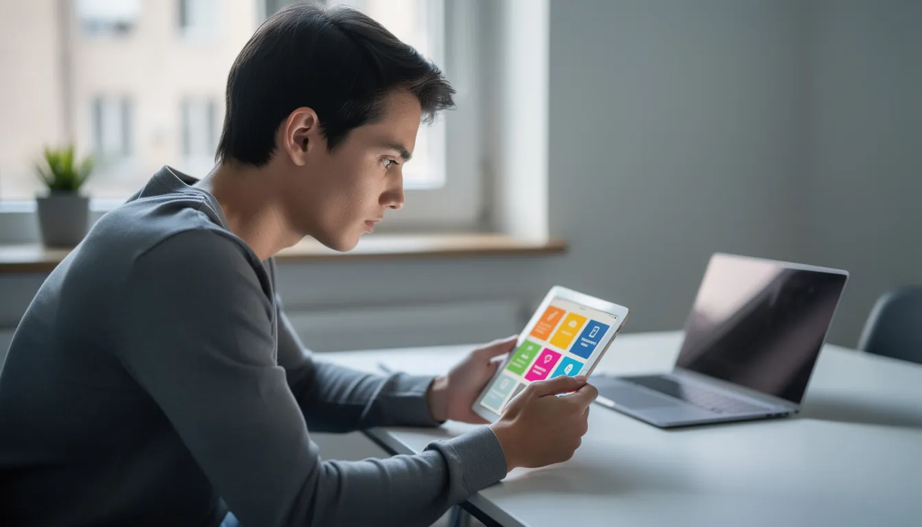 A person is sitting at a table, intently comparing options on a tablet device, possibly using a love compatibility calculator to assess romantic compatibility based on zodiac signs or personality traits. The scene conveys a sense of thoughtful decision-making in the context of love and relationships.