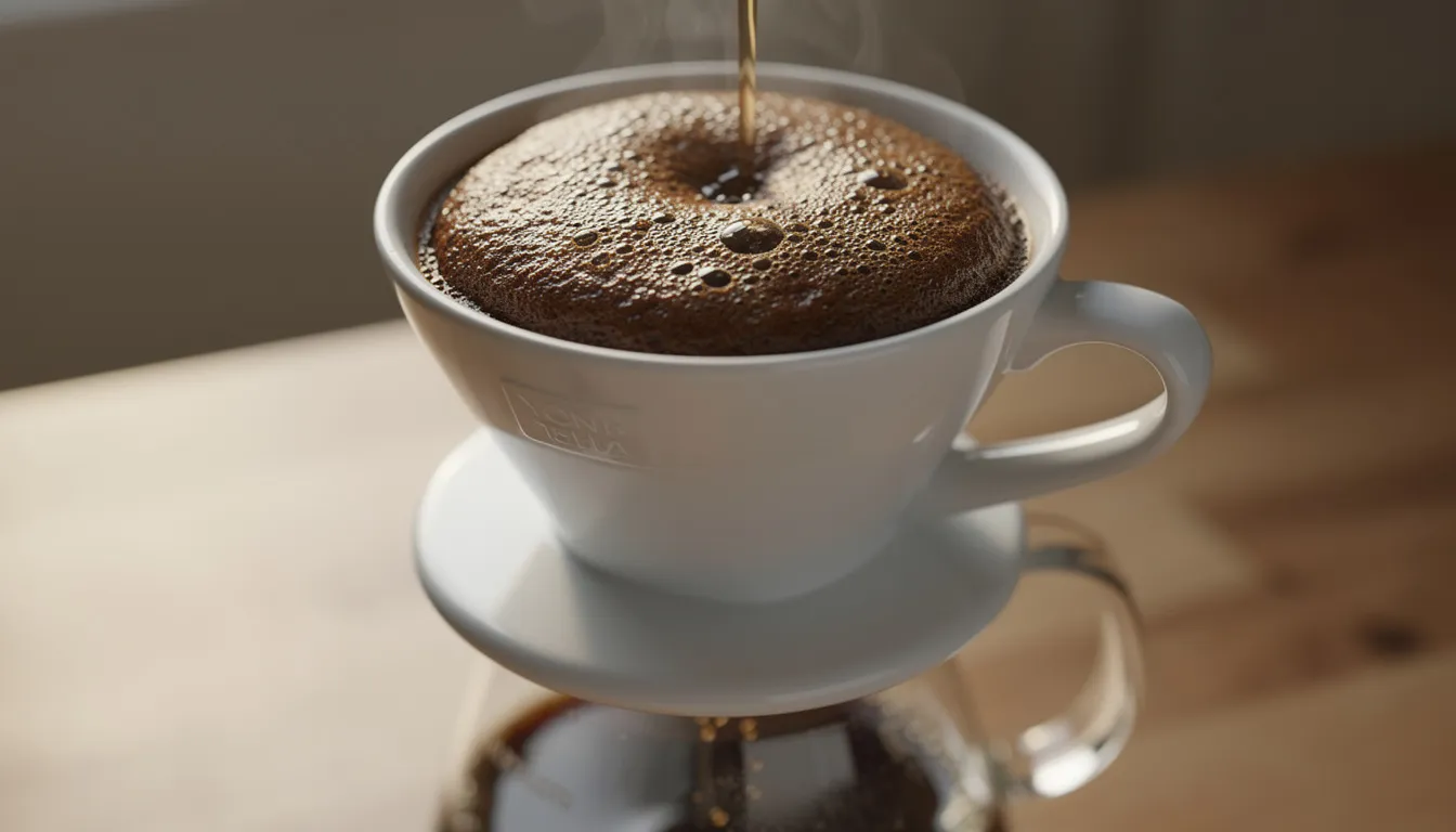 The image shows a pour-over coffee brewing process, with a ceramic dripper prominently displaying a bloom of freshly roasted coffee expanding as hot water interacts with the ground beans. This method highlights the importance of proper extraction for enhancing the flavor and aroma, ensuring a quality cup rich in antioxidants and beneficial compounds.