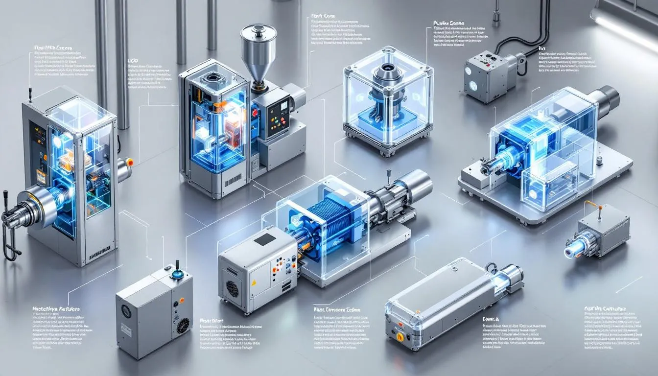 Different types of plastic extruders displayed in a workshop.