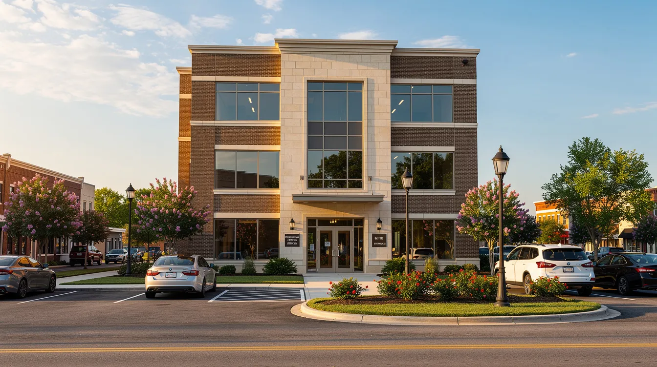 The image depicts a modern professional office building exterior, showcasing sleek architecture in a small Southern city. This environment may serve as a hub for individuals seeking assistance with social security disability benefits and other related services.