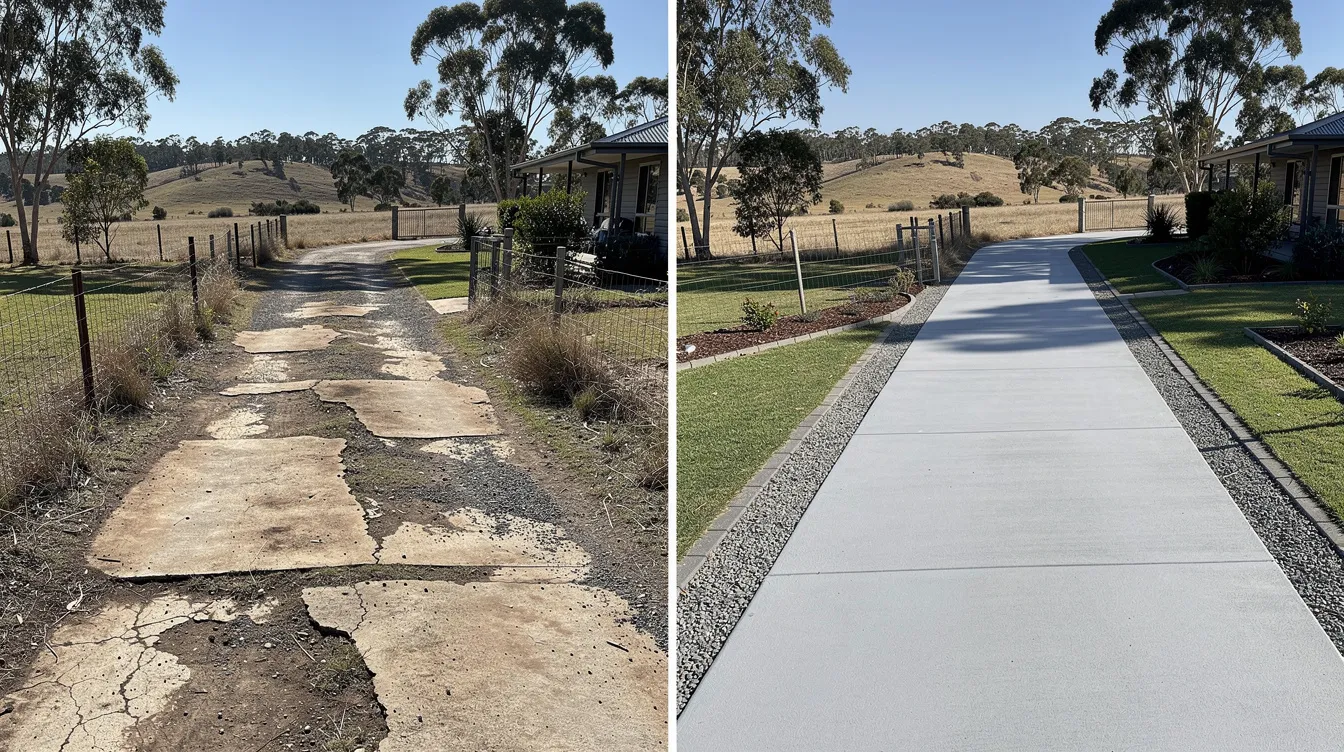 The image showcases a rural driveway transformation on a Tonimbuk property, illustrating the striking difference between the old, cracked surface and the newly completed concrete resurfacing. The end result features a smooth, durable surface that enhances the property's appearance and offers low maintenance, highlighting expert craftsmanship and professional workmanship.