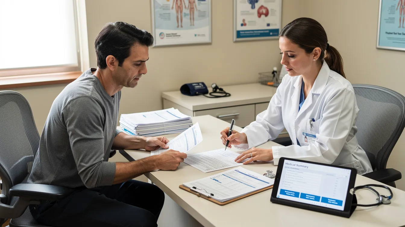 A patient is seated at a table, discussing medical documents with a healthcare provider, who is pointing to specific sections related to breast augmentation and implant integrity. They are reviewing important information about silicone and saline implants, including details on how long breast implants last and considerations for potential replacement or removal.