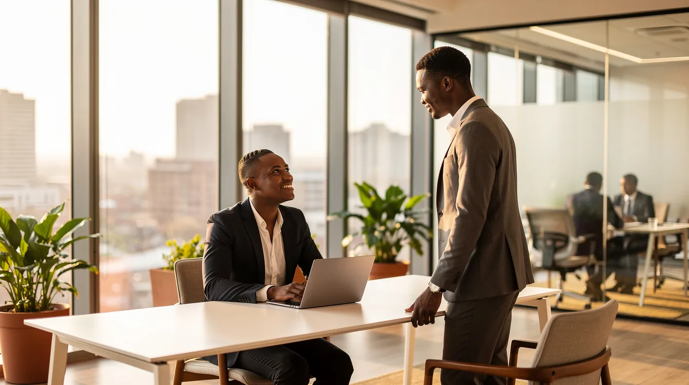 The image shows two professionals engaged in a thoughtful conversation within a bright, modern African office, highlighting the importance of leadership coaching and strategic thinking for transformative leadership. Their interaction emphasizes the need for a thinking space where leaders can reflect on their values and develop their emotional intelligence to overcome challenges and achieve their true potential.