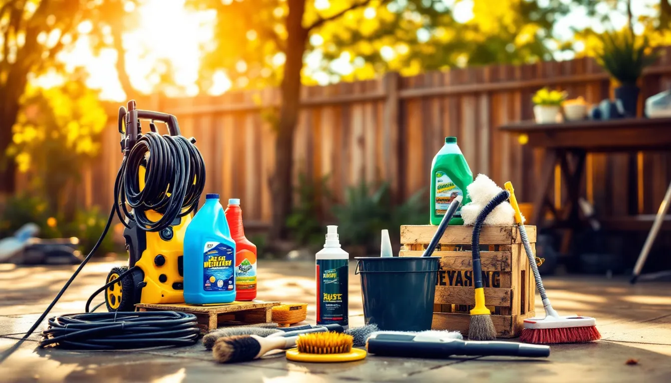 An array of essential pressure washing equipment, including pressure washers and cleaning solutions.
