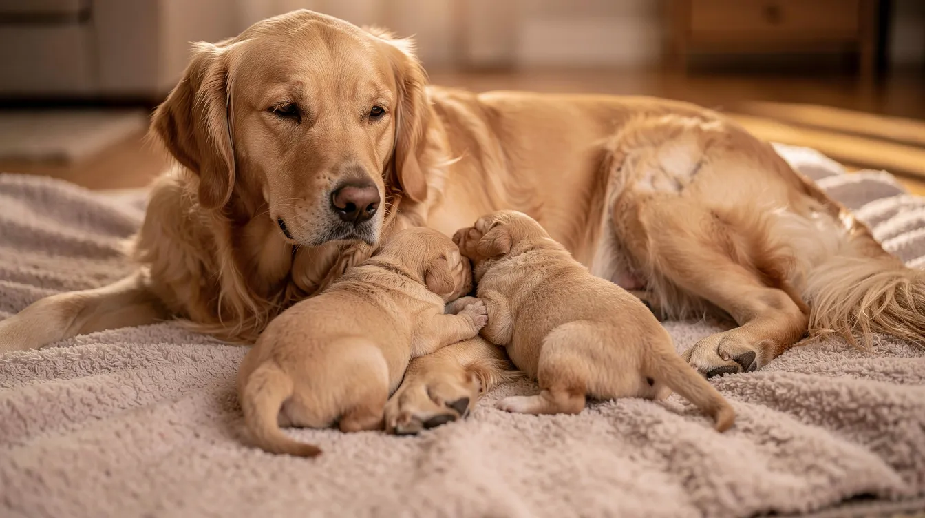 Two golden retriever puppies, a popular breed of domestic dogs known scientifically as Canis lupus familiaris, are nursing from their mother on a soft blanket, showcasing the nurturing bond typical among female dogs and their young. The scene captures the warmth and tenderness of this moment in the life of these purebred dogs.
