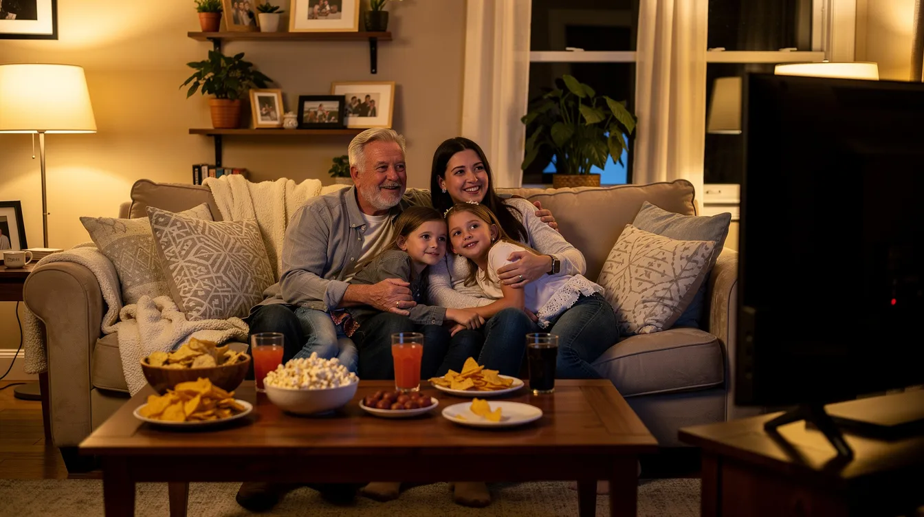 A family is comfortably seated on a couch in a warmly lit living room, enjoying a movie together on a large smart TV, with snacks spread out on the coffee table. This scene captures the essence of family bonding while utilizing IPTV services for seamless streaming of live TV channels and movies.