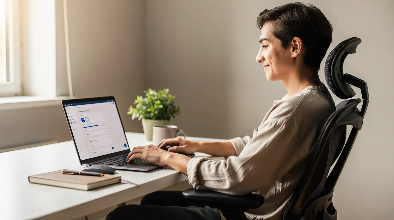 The image depicts a person sitting at a clean desk, working on a laptop with a relaxed demeanor, suggesting productivity. This scene reflects the integration of AI tools in accounting, highlighting the potential for automation of routine tasks and enhanced financial management through AI-powered features.
