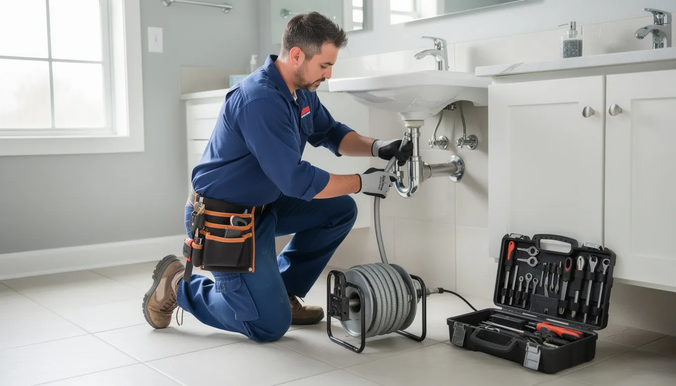 A professional plumber is using advanced drain cleaning equipment in a residential home, showcasing quality plumbing services. This scene emphasizes the importance of efficient plumbing repairs and drain cleaning services for homeowners in the Seattle area.