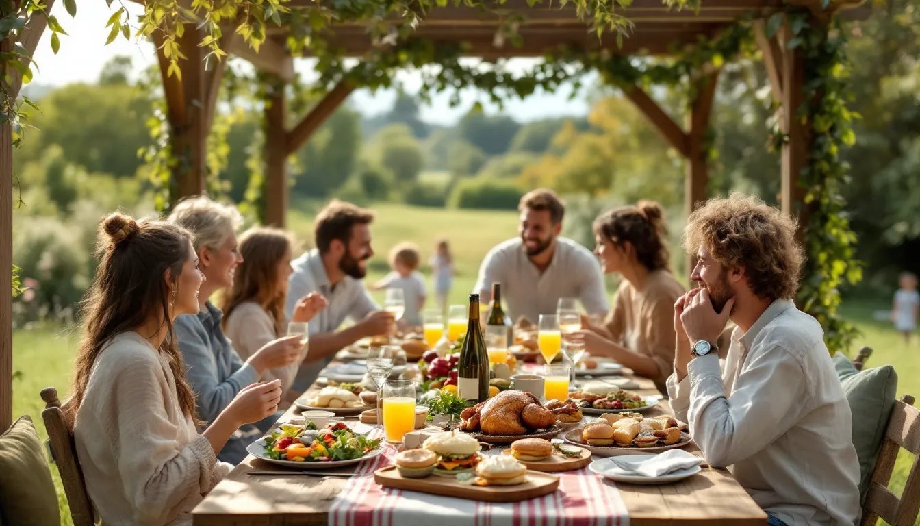Outdoor dining setup for Father's Day with guests enjoying their meals.