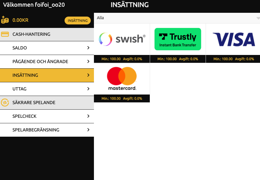 Betalningsmetoder hos Megaways Casino med Swish, Trustly, Visa och Mastercard.