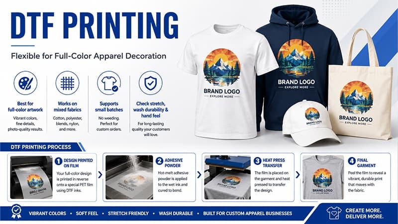 DTF printing process for full color custom apparel including T-shirts hoodies tote bags caps and mixed fabric products
