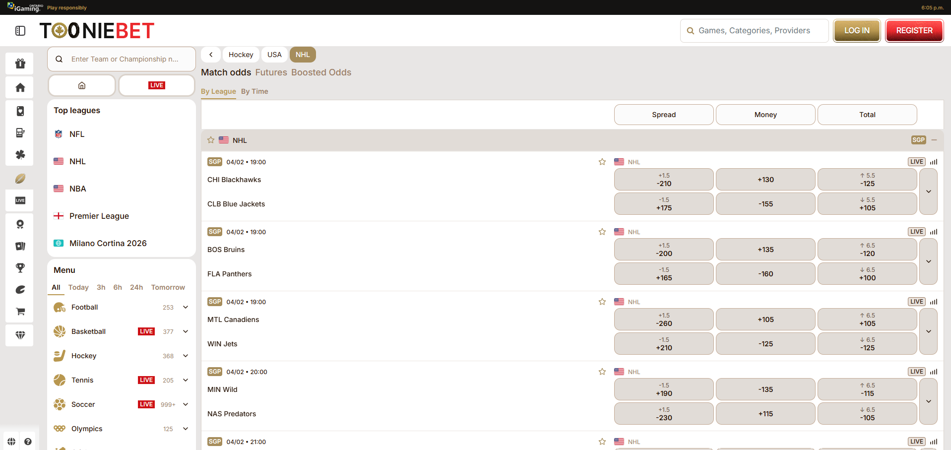 A desktop view screenshot of ToonieBet's NHL betting page.