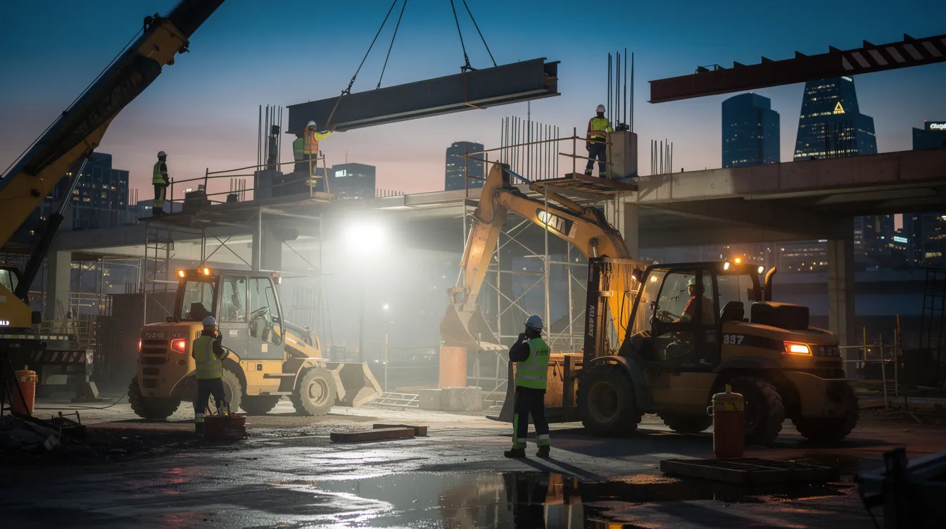 The image depicts construction workers operating heavy machinery on a commercial building site during the evening, with the setting sun casting a warm glow over the scene. This busy environment illustrates the urgency of project completion and the potential for acceleration claims as the team works to meet the original completion date amidst possible delays.