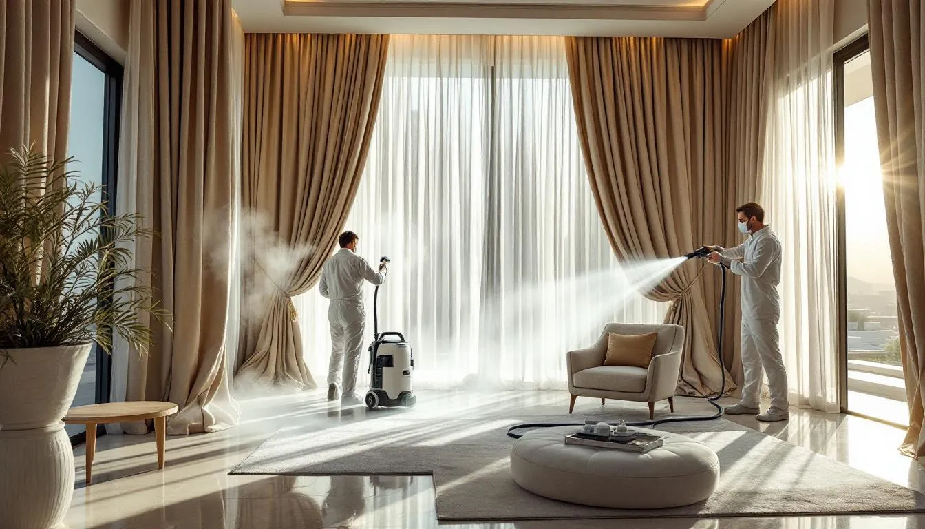 A professional curtain cleaning process in action, highlighting advanced techniques and equipment.