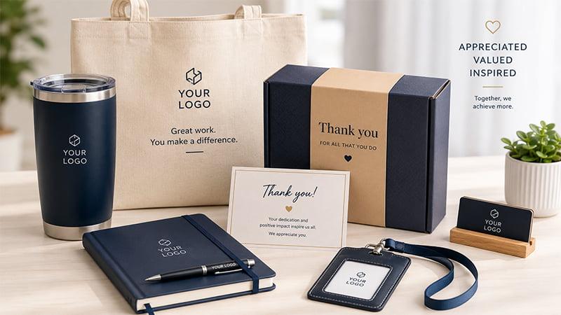 Employee appreciation gift set with tote bag, tumbler, notebook, thank-you card, gift box and badge holder on office desk