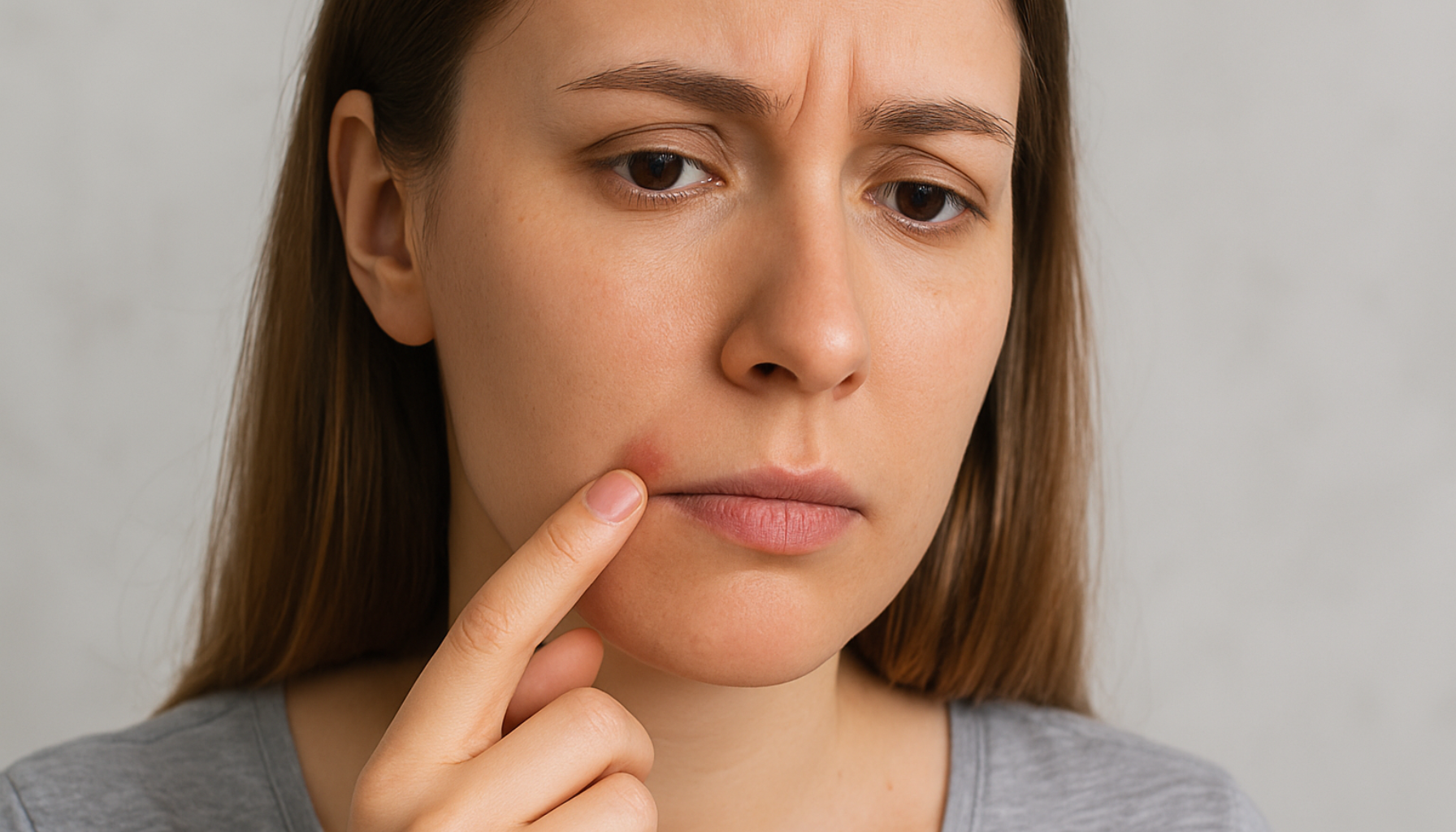 Sår i munnviken – Hva skyldes det og hvordan bli kvitt det? 14 Ung kvinne med sår og rødhet i munnviken, viser ubehag mens hun berører det ømme området forsiktig med fingeren.