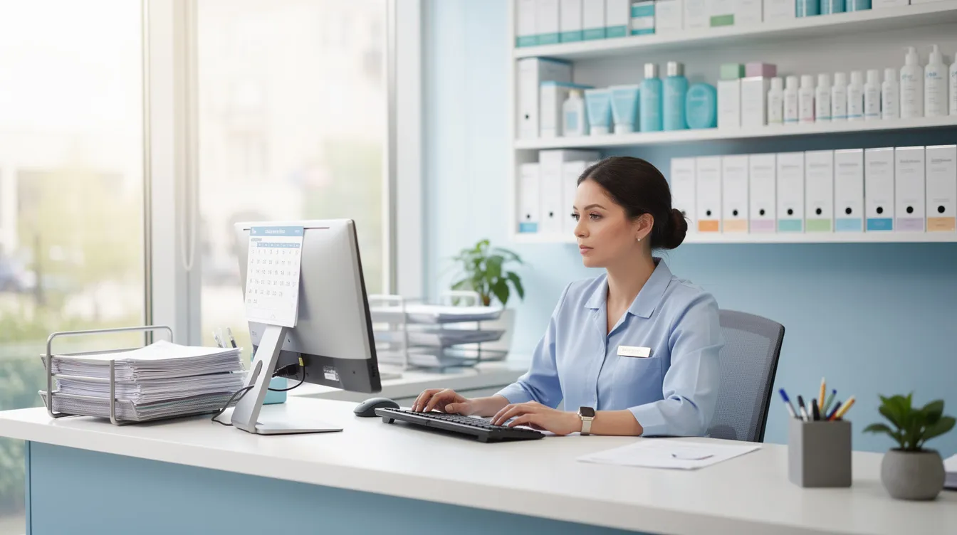 A dental office receptionist is seated at a computer, surrounded by paperwork related to dental billing and insurance verification. The setting reflects a typical dental practice environment, focused on managing patient care and processing dental claims efficiently.