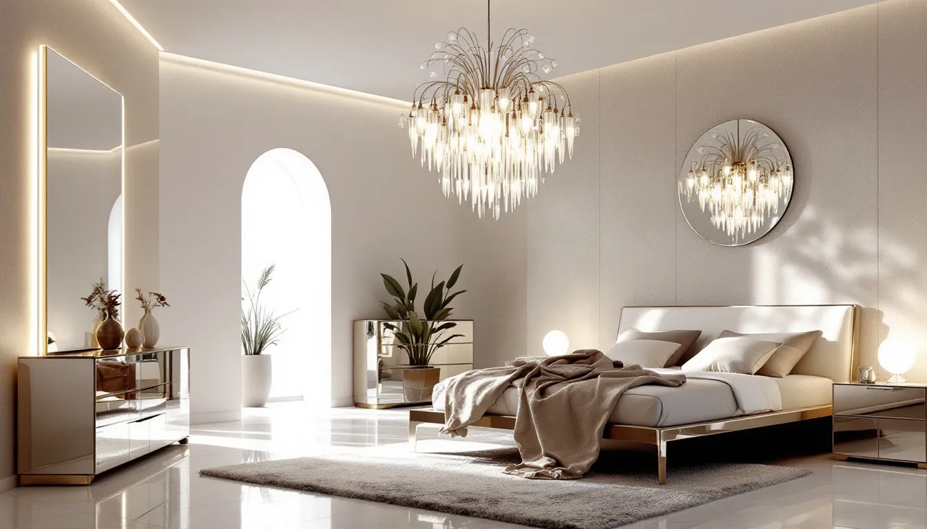 A collection of popular mirrored furniture pieces in a stylish bedroom.